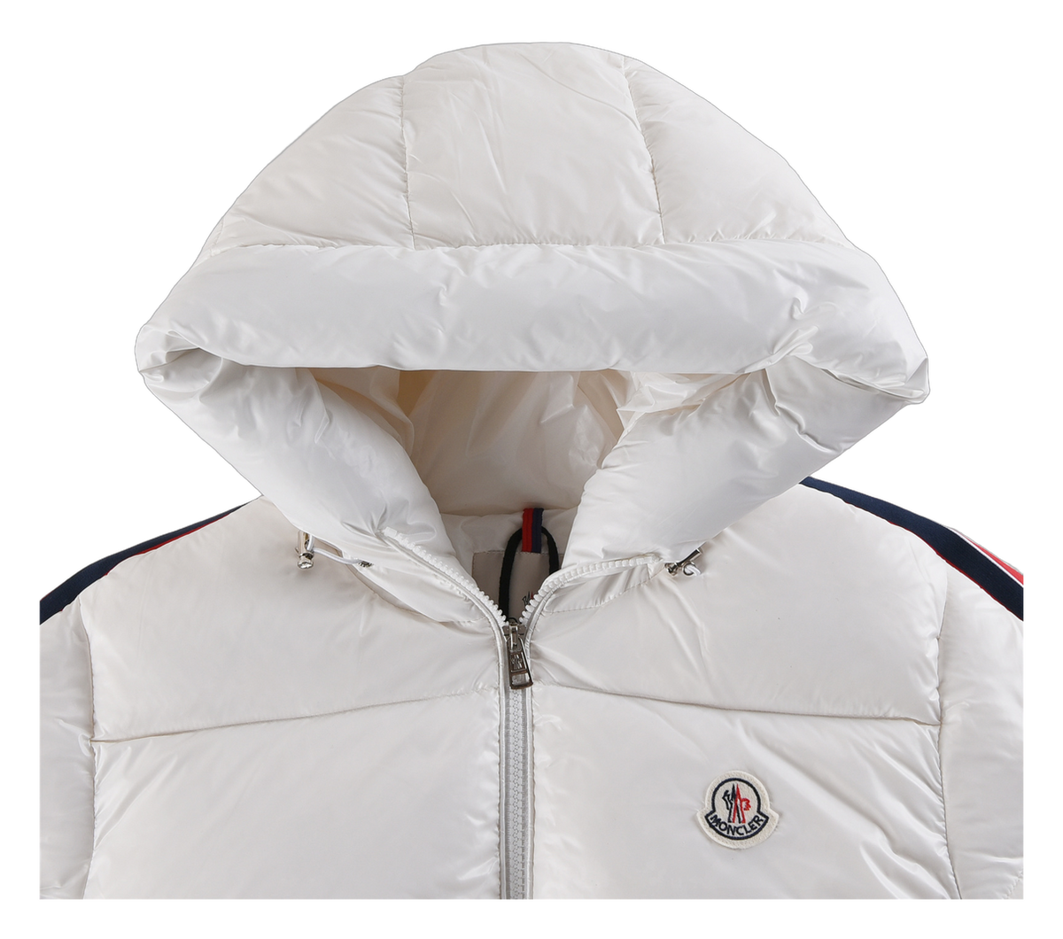 Moncler Tricolour Sleeve-Stripe Hooded Puffer – White