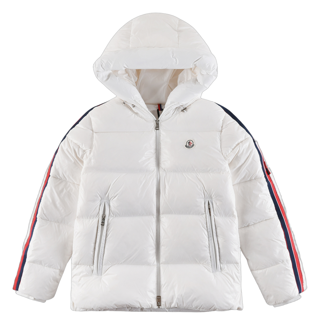 Moncler Tricolour Sleeve-Stripe Hooded Puffer – White