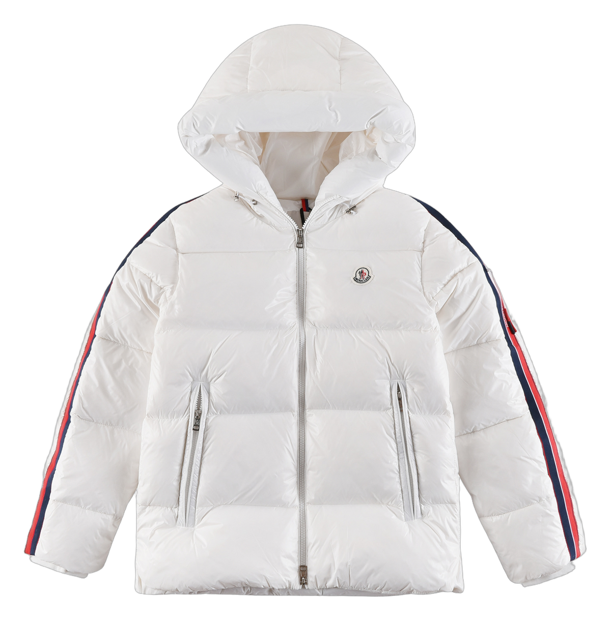 Moncler Tricolour Sleeve-Stripe Hooded Puffer – White