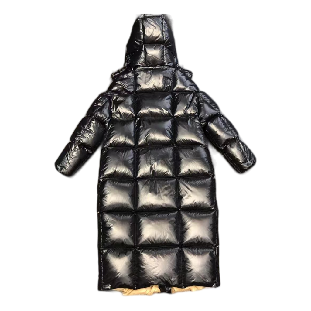 Moncler Gold-Lined Glossy Long Puffer Coat – Black