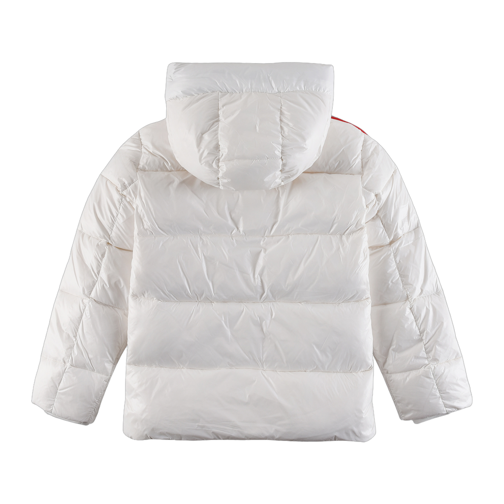 Moncler Tricolour Sleeve-Stripe Hooded Puffer – White