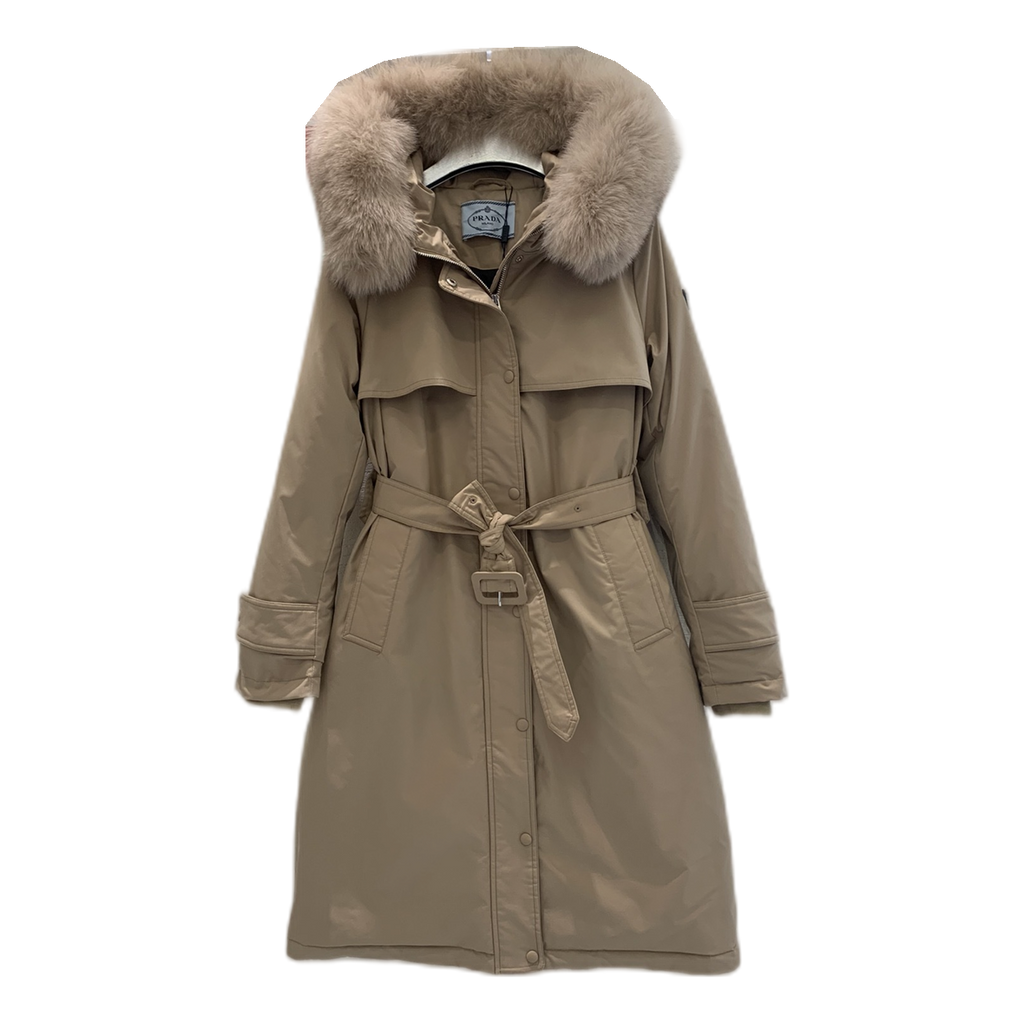 Prada Belted Fur-Trim Hooded Coat – Beige