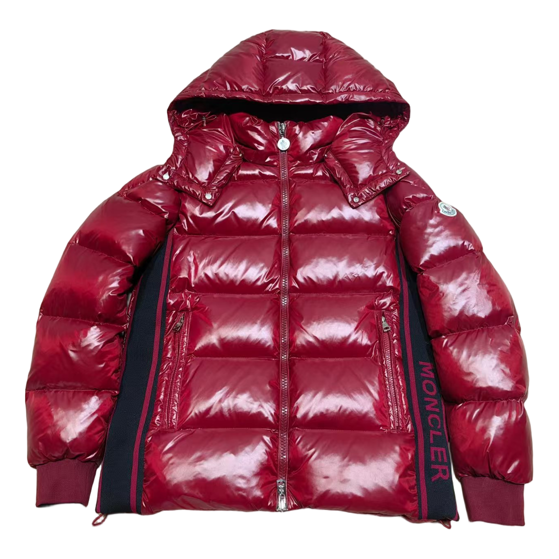 Moncler Logo-Zip Glossy Hooded Puffer – Red