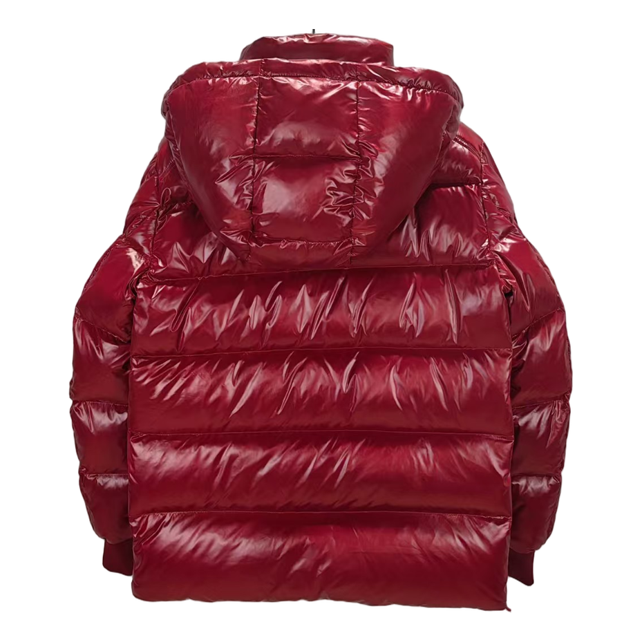 Moncler Logo-Zip Glossy Hooded Puffer – Red