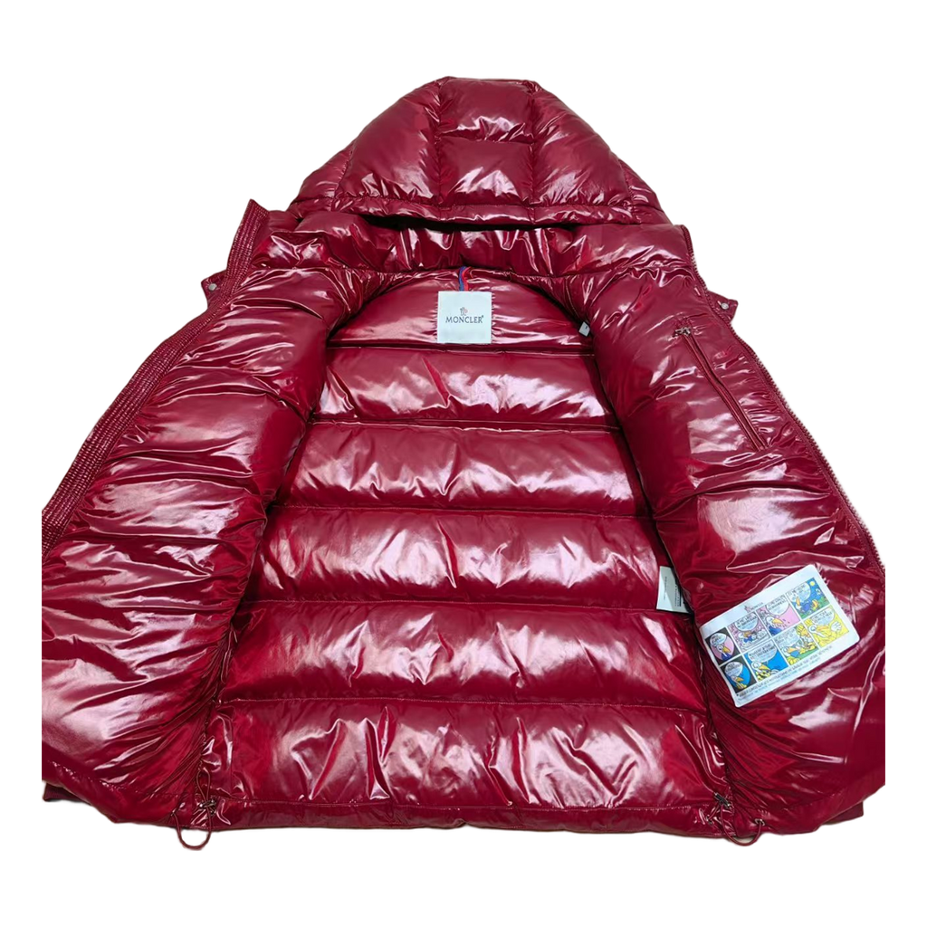 Moncler Logo-Zip Glossy Hooded Puffer – Red