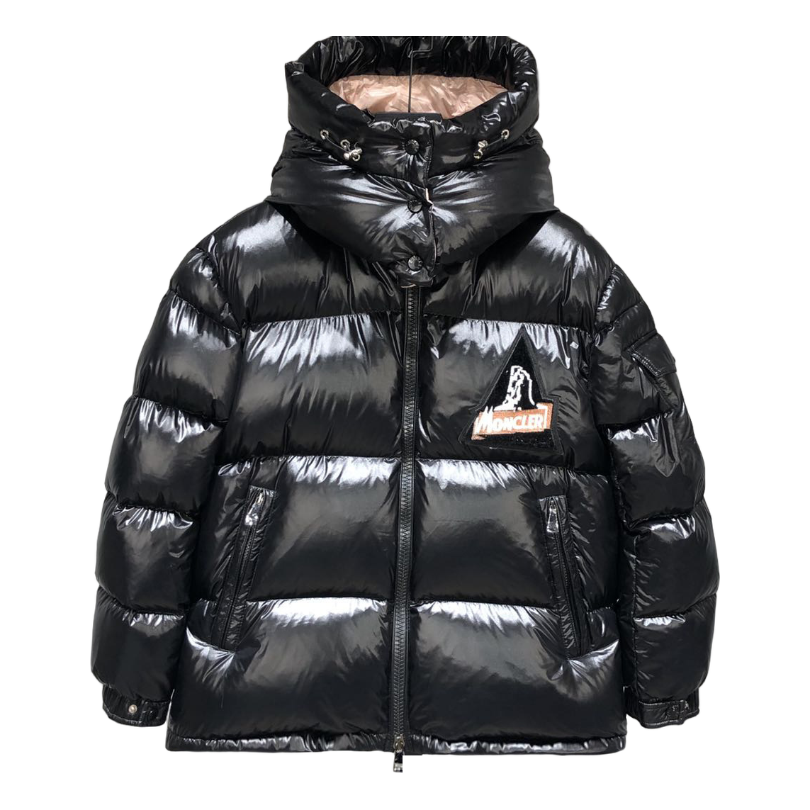 Moncler Mountain-Badge Glossy Short Puffer – Black
