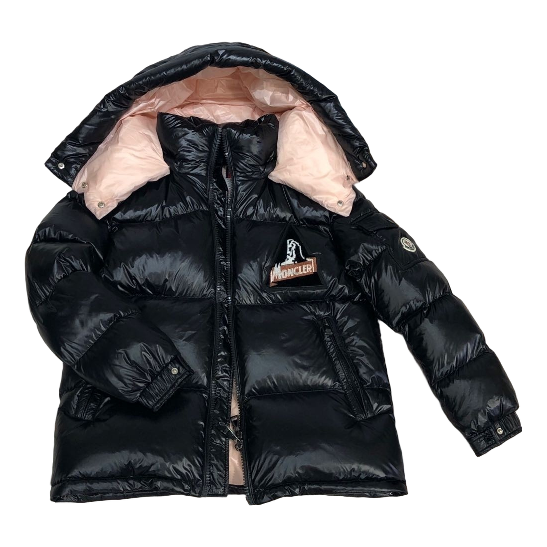 Moncler Mountain-Badge Glossy Short Puffer – Black